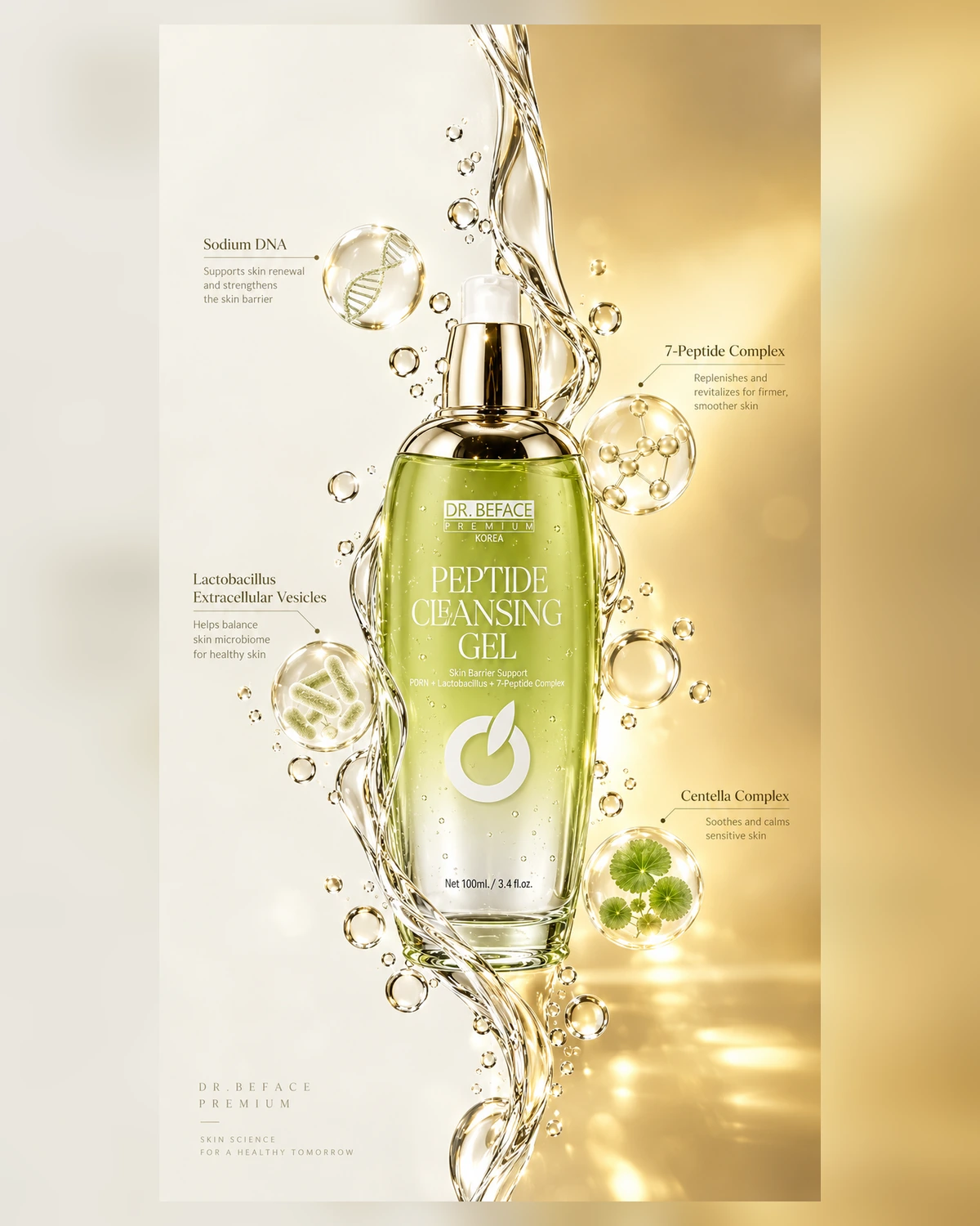 DR.BEFACE PREMIUM PEPTIDE CLEANSING GEL with highlighted active ingredients
