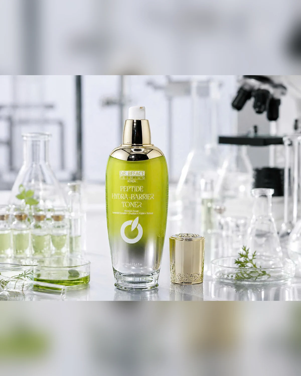 Single bottle with cap beside — DR.BEFACE PREMIUM PEPTIDE HYDRA-BARRIER TONER