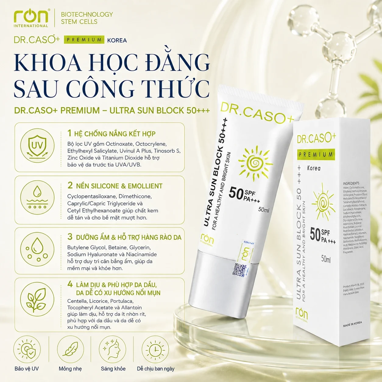 Khoa học đằng sau công thức · DR.CASO+ PREMIUM ULTRA SUN BLOCK 50+++