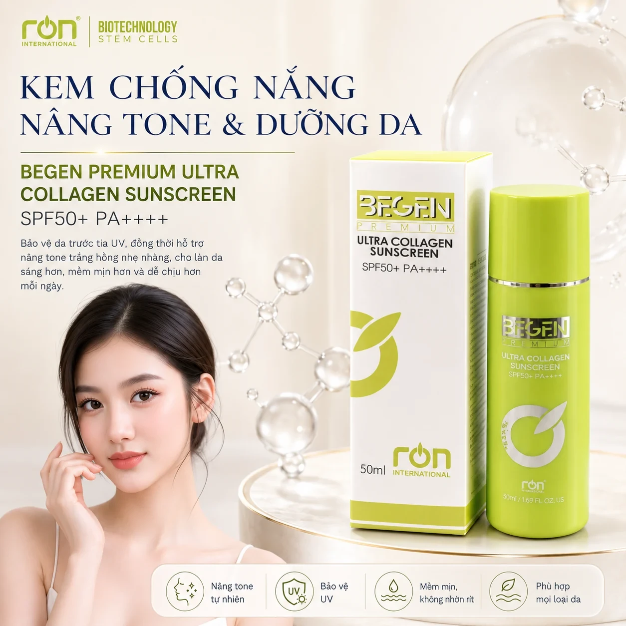 BEGEN PREMIUM ULTRA COLLAGEN SUNSCREEN SPF50+ PA++++ – kem chống nắng nâng tone & dưỡng da