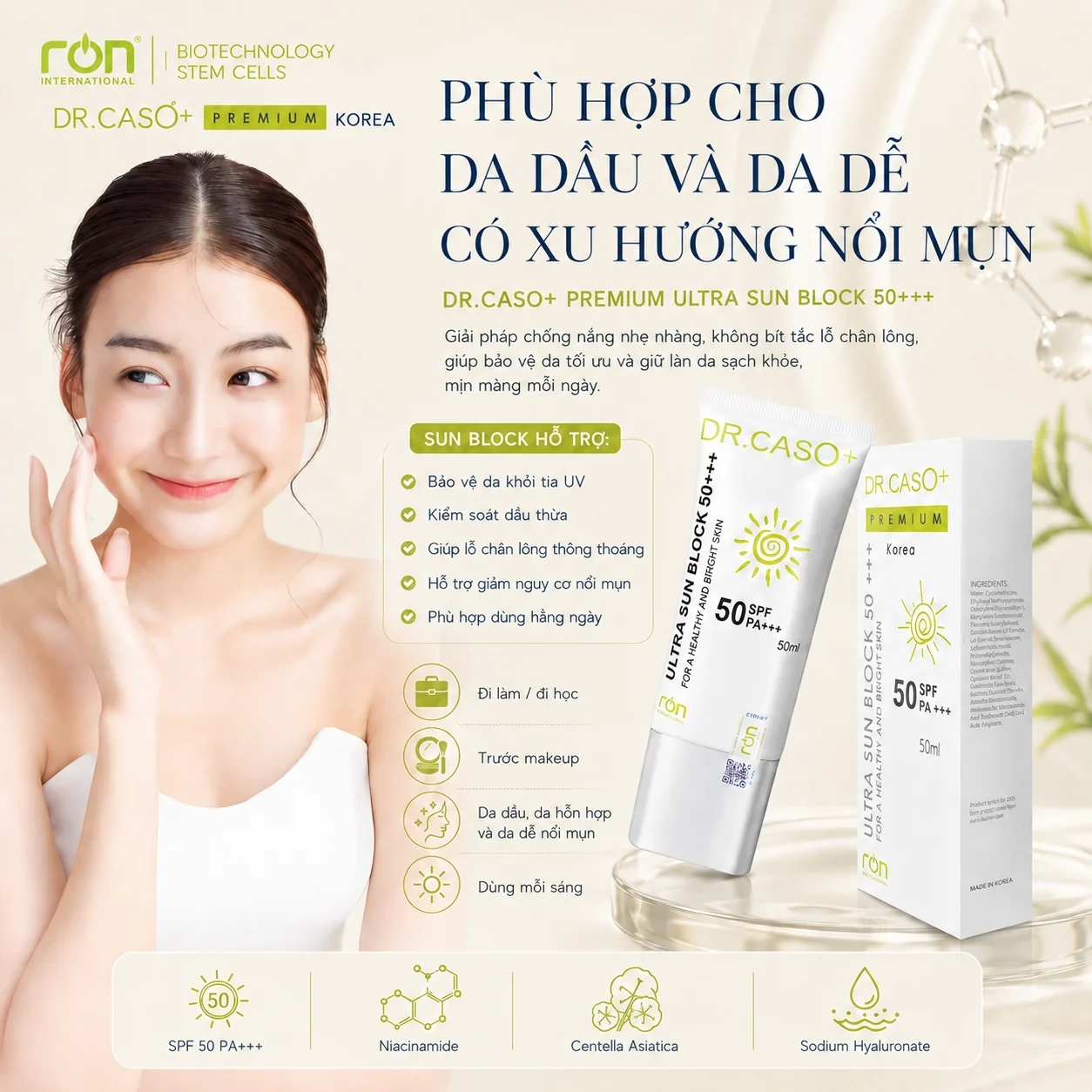 Phù hợp với da dầu và da dễ nổi mụn · DR.CASO+ PREMIUM ULTRA SUN BLOCK 50+++