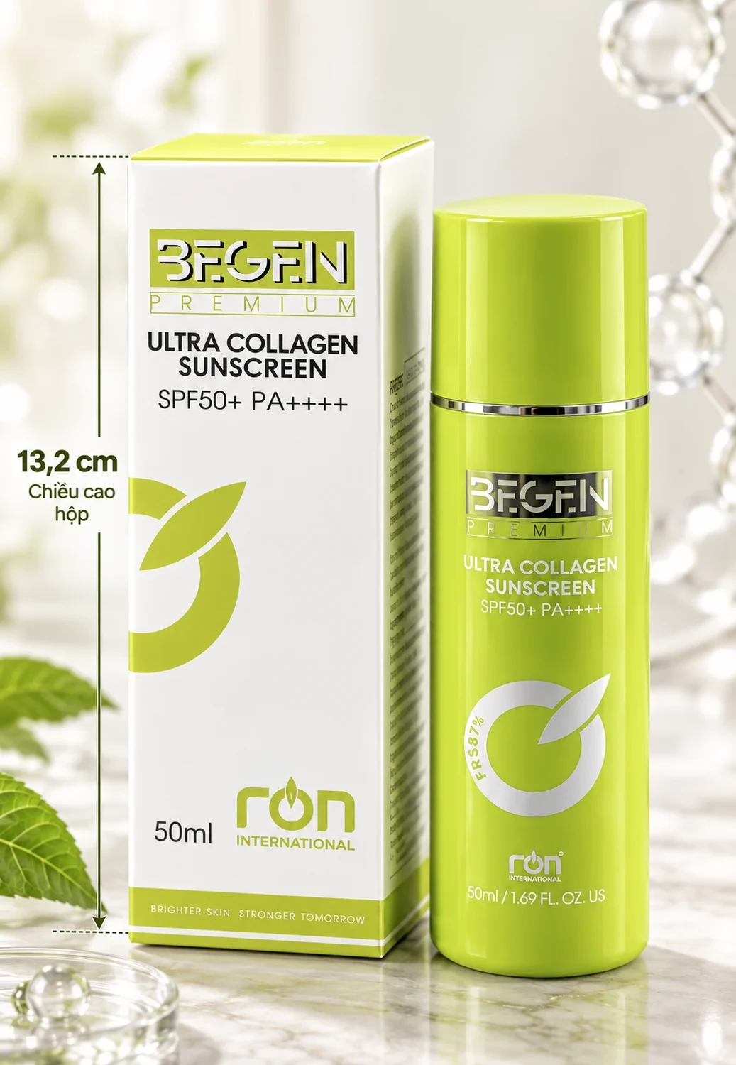BEGEN PREMIUM ULTRA COLLAGEN SUNSCREEN 50 ml cùng hộp giấy, chiều cao hộp 13,2 cm