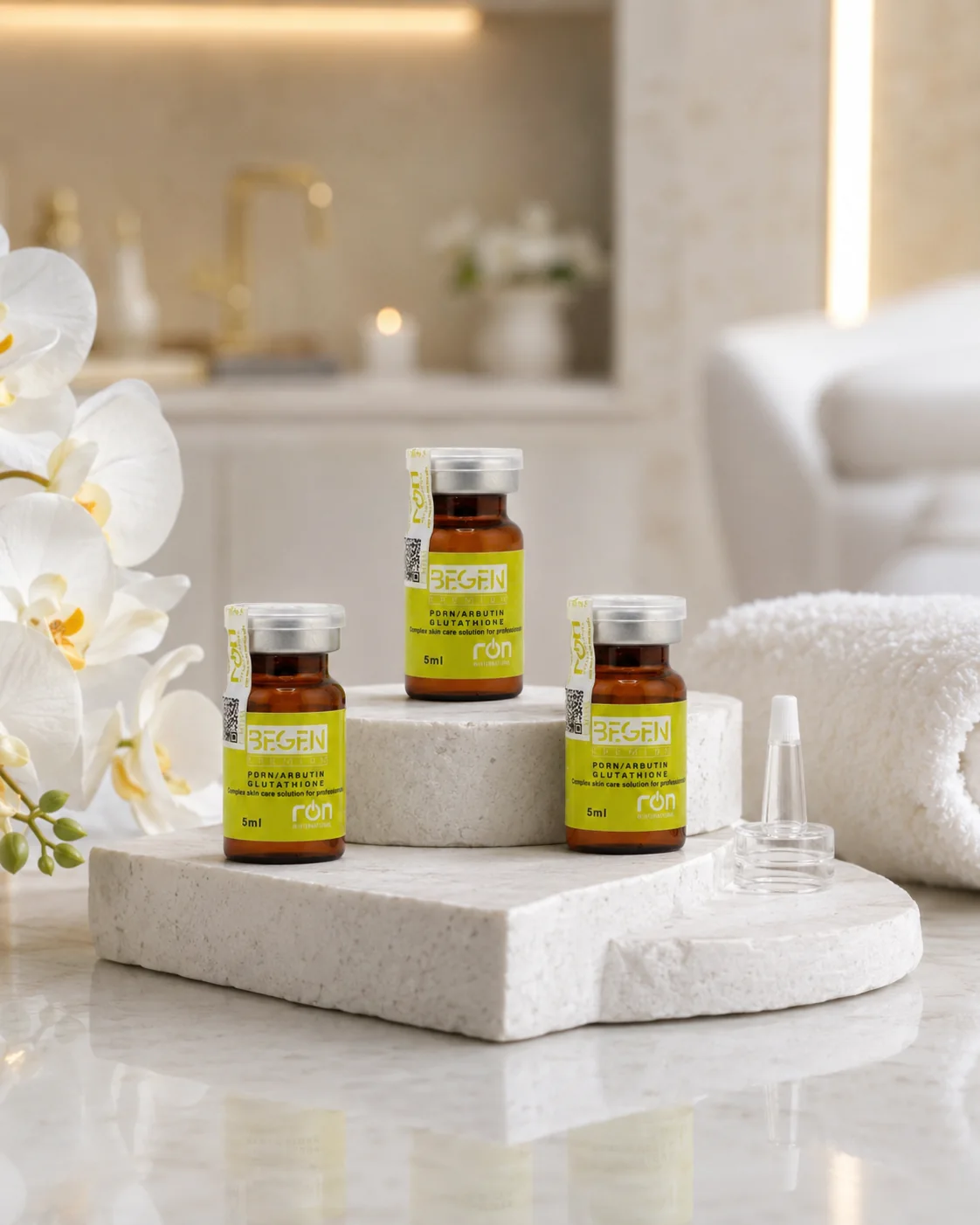BEGEN ENJU STEM CELL · 5 ml/lọ trên bục đá, cạnh hoa trắng