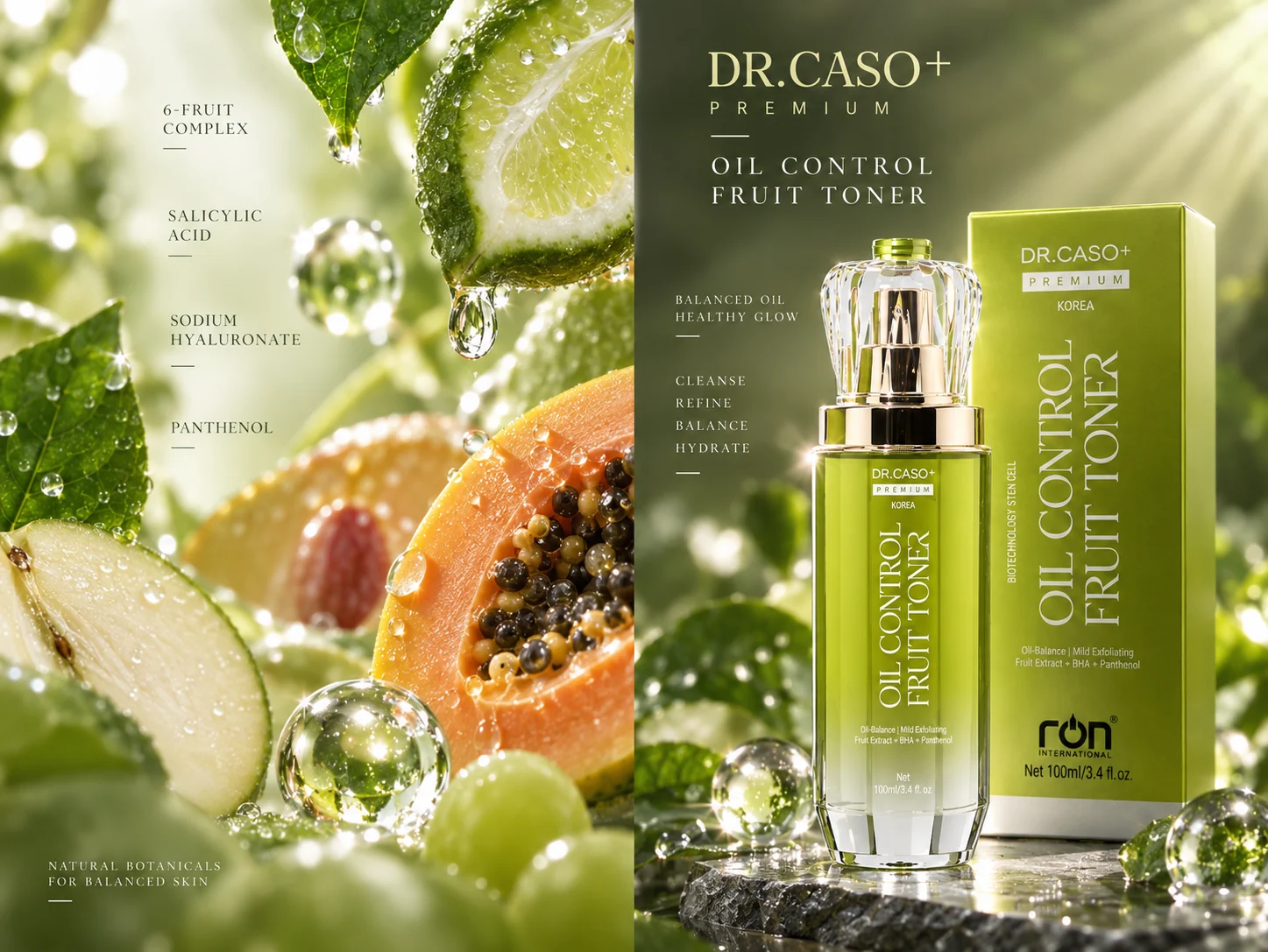 Concept trái cây và sản phẩm DR.CASO+ PREMIUM OIL CONTROL FRUIT TONER