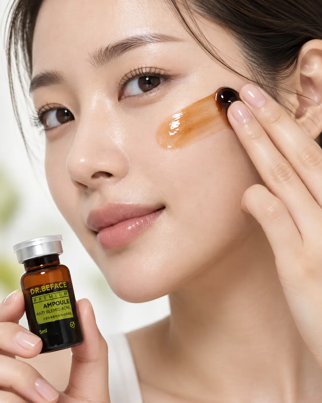 Người mẫu thoa tinh chất Anti Blemid Acne màu nâu trong trên má