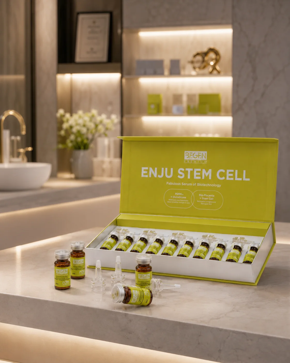 Hộp lớn BEGEN ENJU STEM CELL · 5 ml/lọ trong không gian chăm sóc da