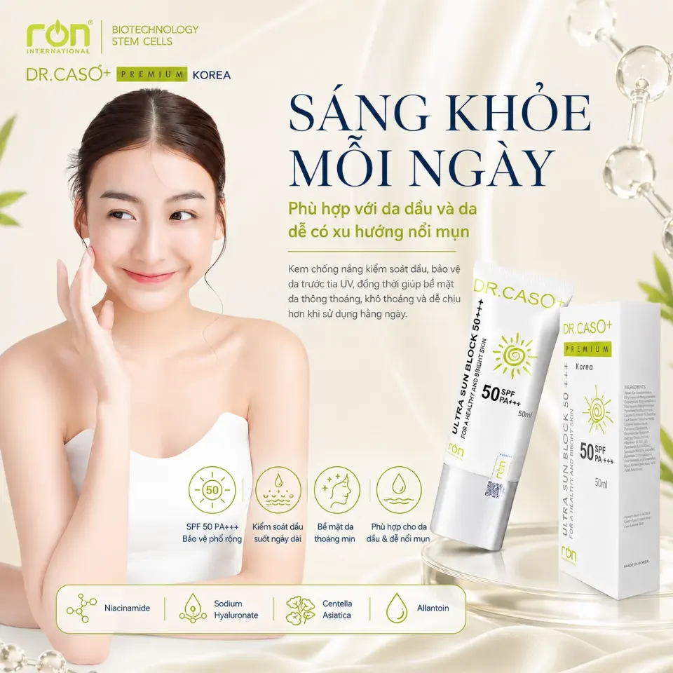 Kem chống nắng DR.CASO+ Premium Ultra Sun Block và hộp sản phẩm