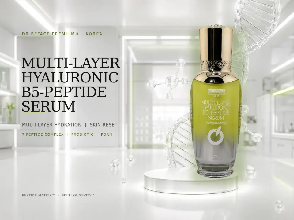 Serum B5-Peptide DR.BEFACE PREMIUM cùng tiêu đề sản phẩm trên nền phòng lab