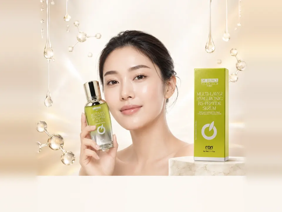 Người mẫu cầm chai serum Hyaluronic B5-Peptide DR.BEFACE cạnh hộp sản phẩm màu xanh.